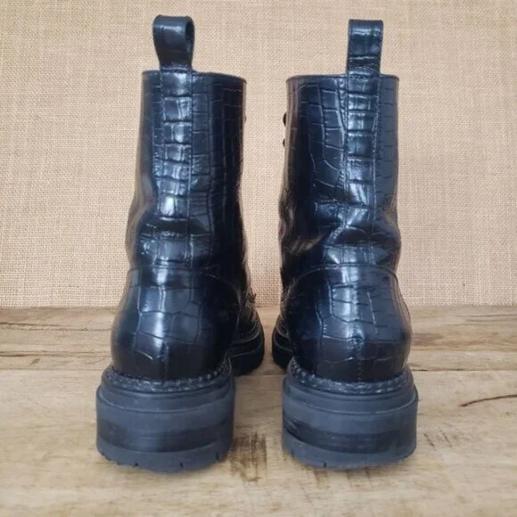 Napoleoni Black Leather Croc-Emboss Lace Up Combat Moto Chunky Sole EU 38 / US 8